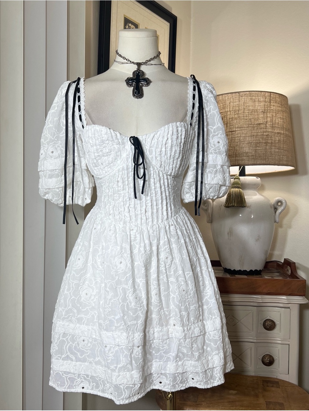 Y2K White Eyelet Puff Sleeve Mini Dress with Black Ties